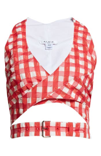ALAÏA ALAÏA GINGHAM CHECK SLEEVLESS CROP TOP
