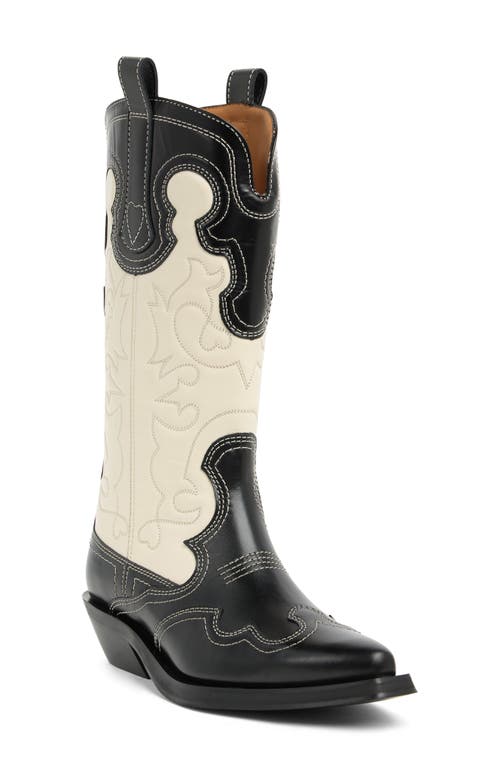 Ganni Embroidered Western Boot in Black/Egret