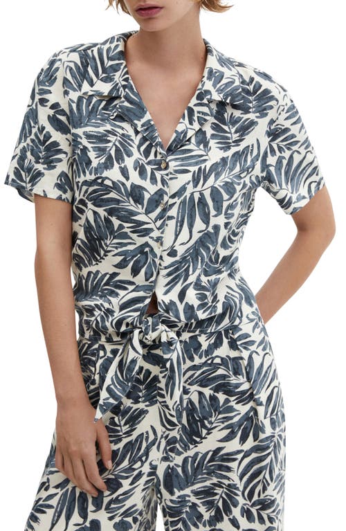 MANGO Frond Print Tie Front Linen Blend Shirt Dark Navy at Nordstrom,