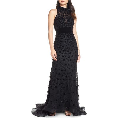 MAC Duggal 3D Lace Evening Dress With Train, Black