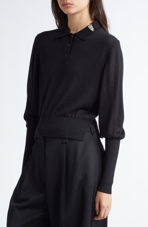 Shop Simone Rocha Crystal Embellished Merino Wool & Silk Polo Sweater In Black/pearl/clear