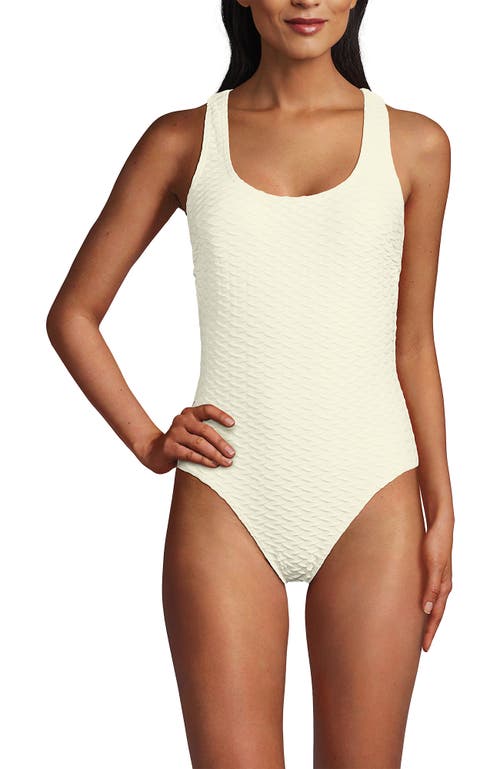 Shop Lands' End Chlorine Resistant Scoop Neck X-back High Leg Soft Cup Tugless Sporty One Piece Swimsuit In Egret White