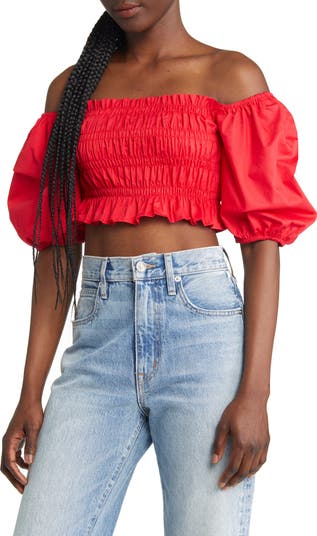 Fresh Outlook Smocked Puff Sleeve Cotton Crop Top