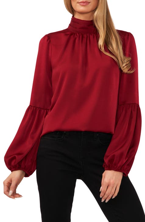 Red Funnel Neck Blouse, Red Blouse