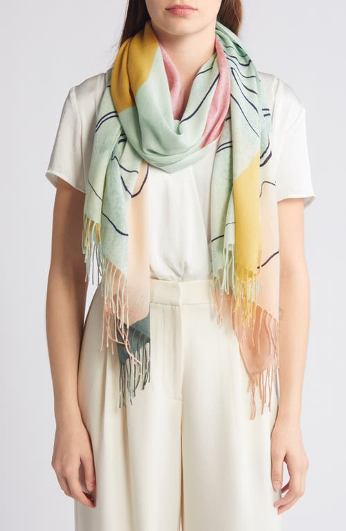 Tissue Print Wool & Cashmere Wrap Scarf in Green Fluid Lines