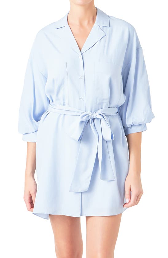 Shop Endless Rose Tie Waist Mini Shirtdress In Powder Blue