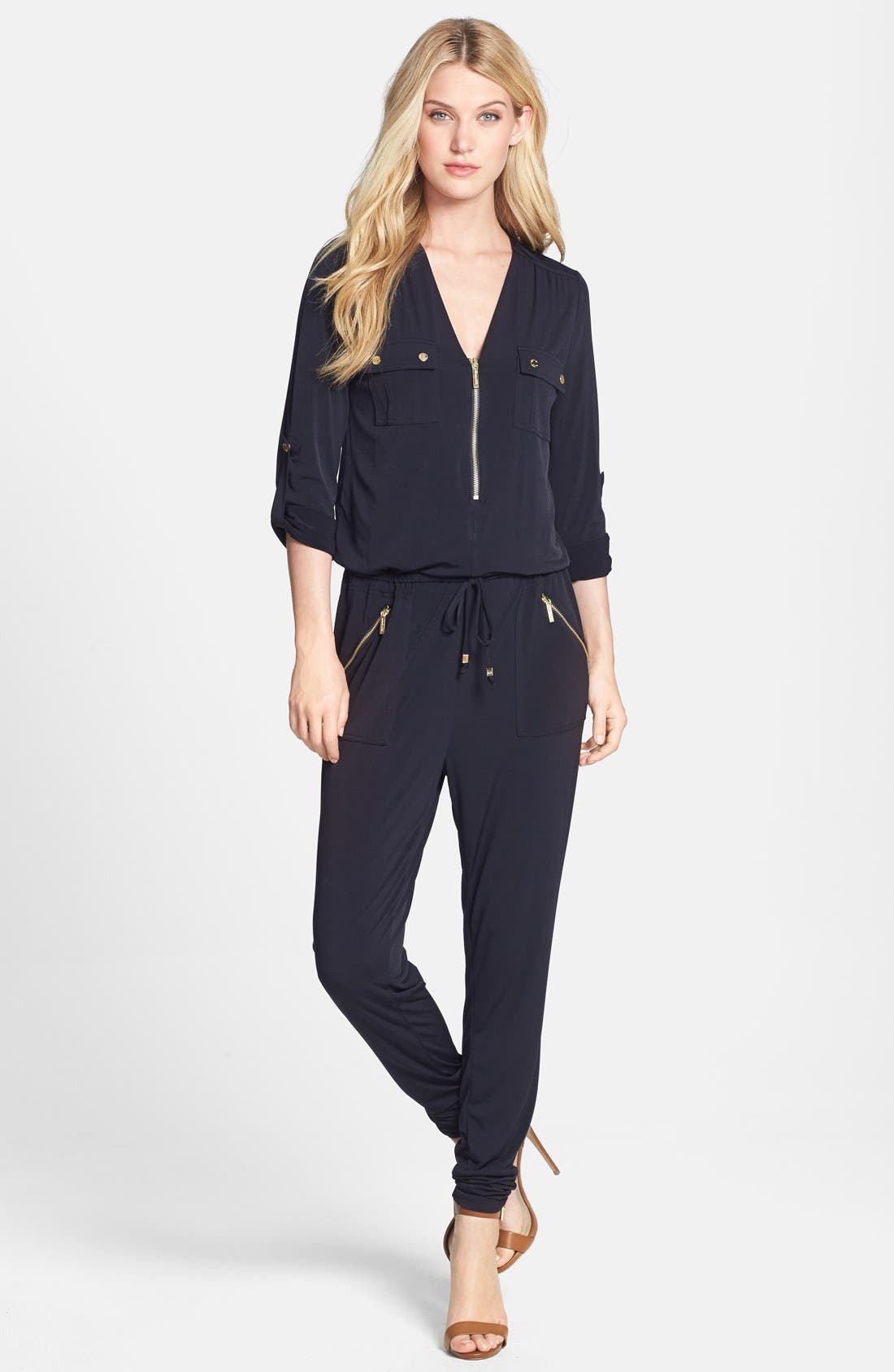 MICHAEL Michael Kors Zip Front Roll Sleeve Jumpsuit Nordstrom
