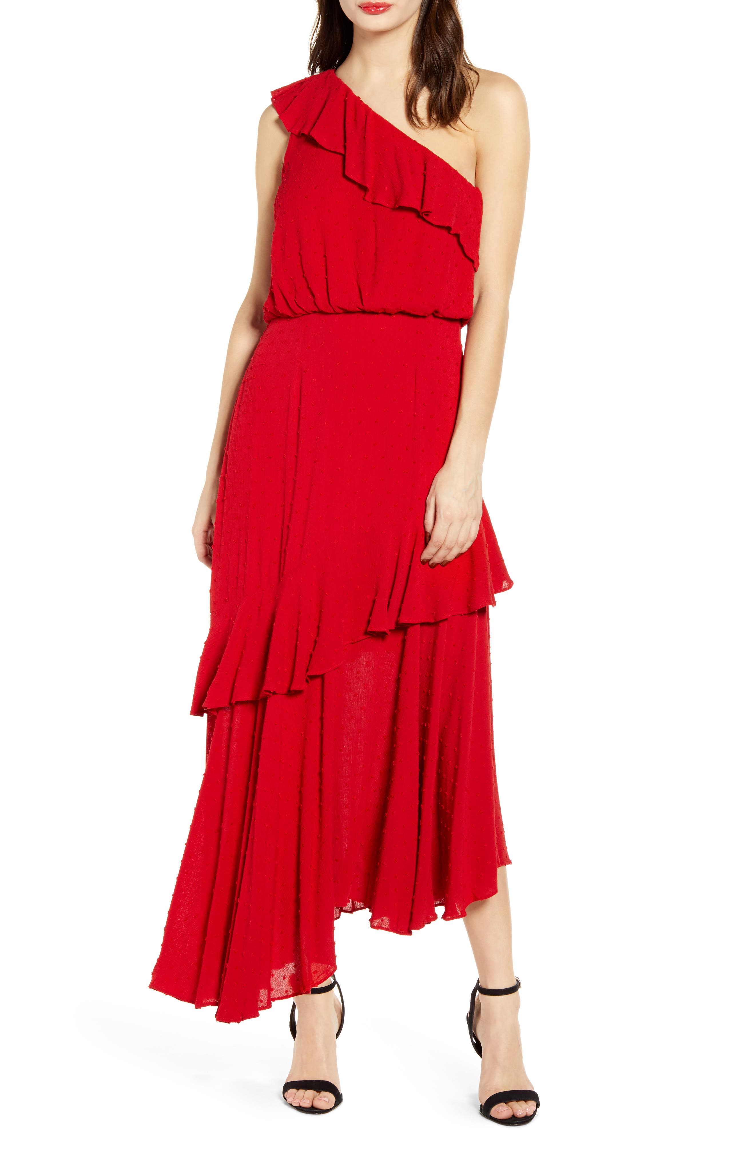 Wayf One-Shoulder Ruffle Dress, Red