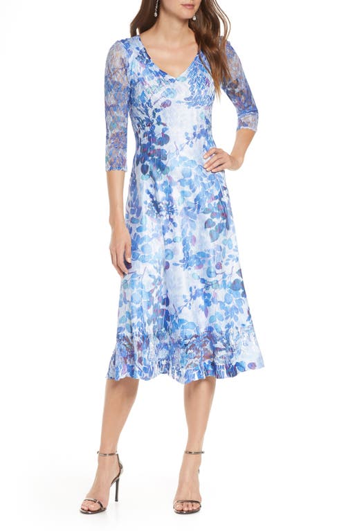 Floral Print Charmeuse & Chiffon Dress in Azure Bouquet