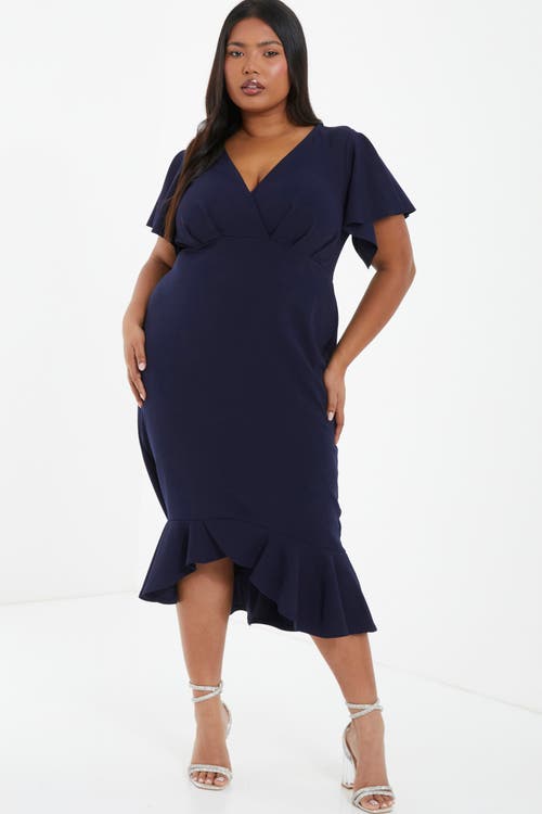 Quiz Plus Size V-neck Frill Hem Midi Dress In Blue