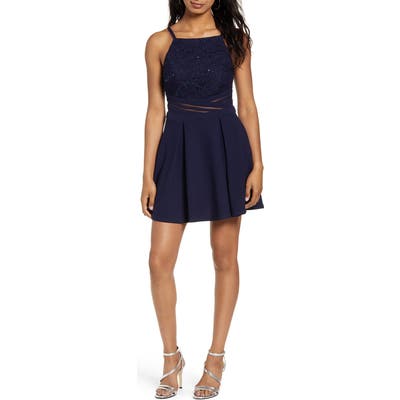 Speechless Sequin Detail Mixed Media Skater Dress, Blue