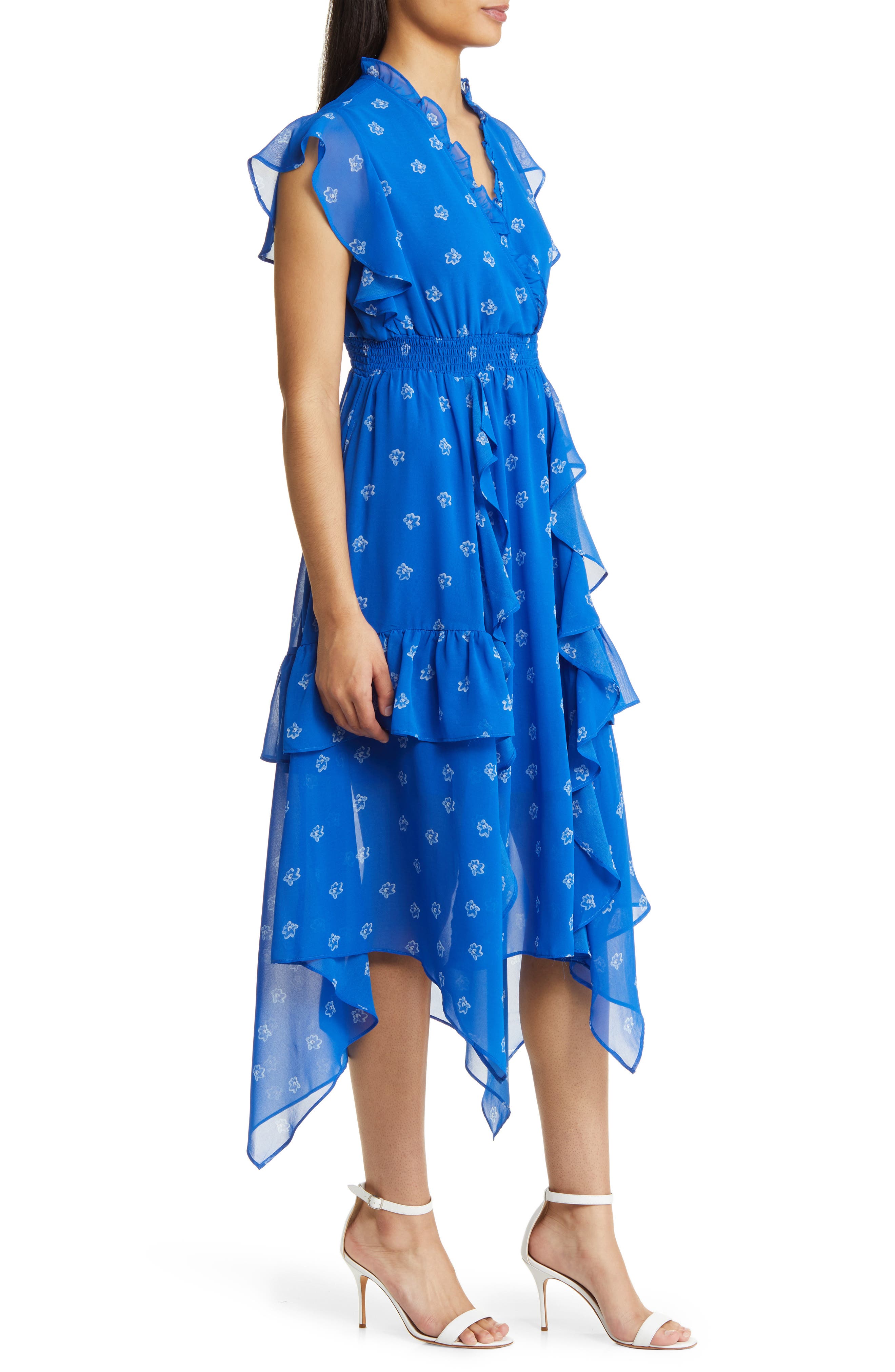 MELLODAY Floral Ruffle Asymmetric Midi Dress in BlueWhite Floral 