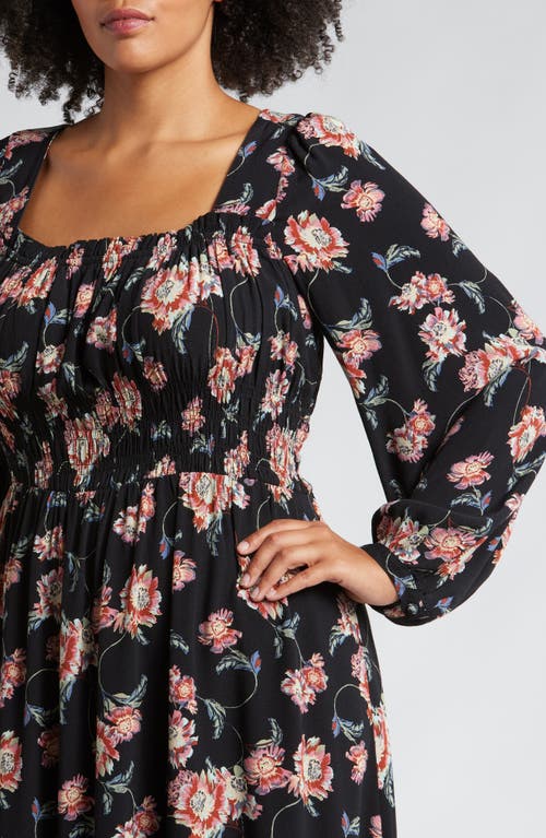 Shop Treasure & Bond Smocked Bodice Long Sleeve Dress In Black Wander Floral