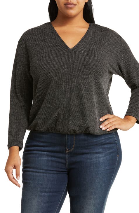 V-Neck Long Sleeve Ribbed Top (Plus)