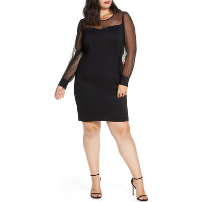 Plus Size Julia Jordan Dot Mesh Long Sleeve Cocktail Dress, Black