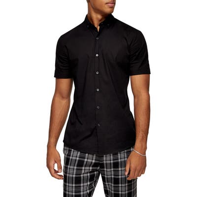Topman Short Sleeve Button-Down Shirt, Black