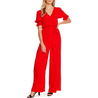 Cece Dot Jacquard Wide Leg Jumpsuit, Red