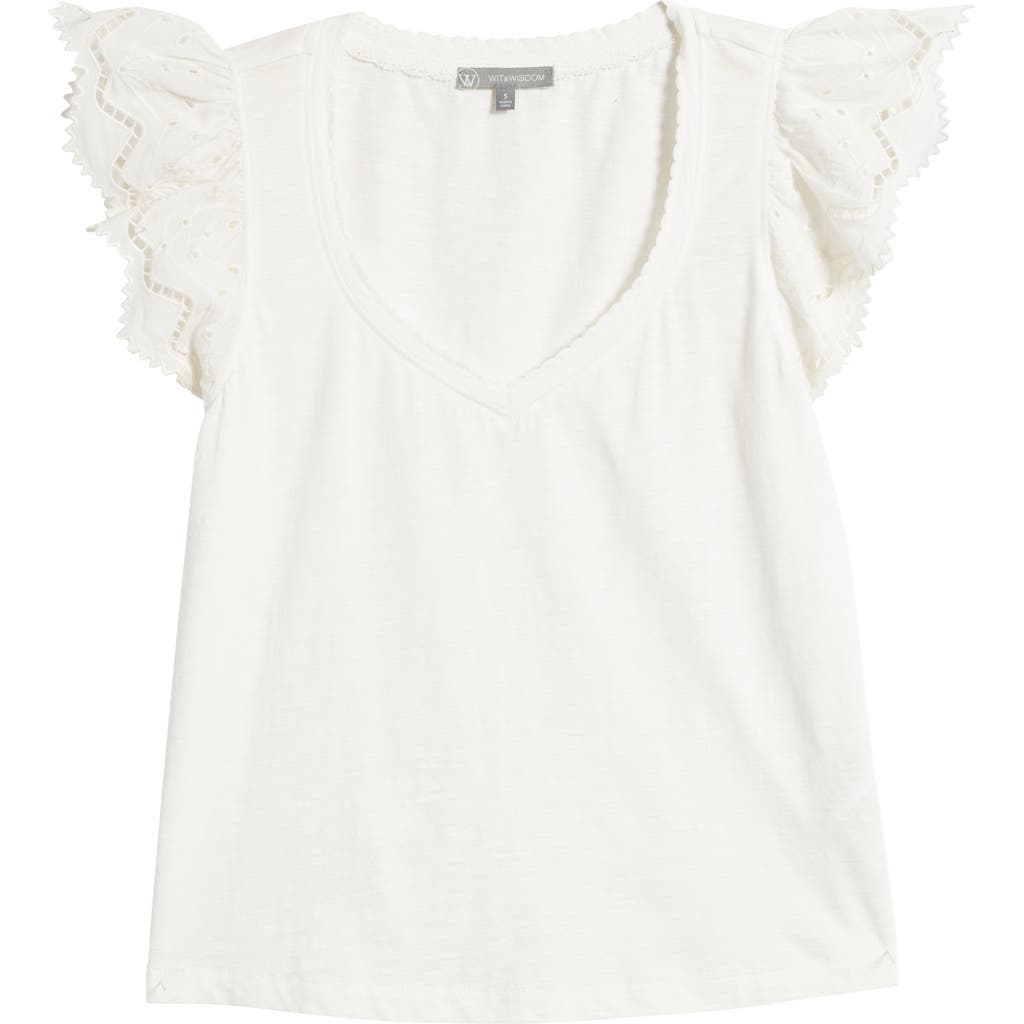 Wit & Wisdom Eyelet Flutter Sleeve Jersey T-shirt In Off White
