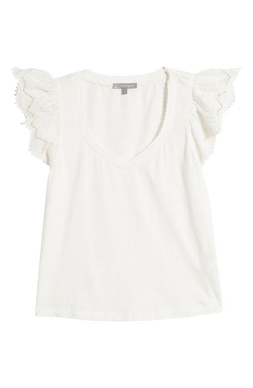 Eyelet Flutter Sleeve Jersey T-Shirt in Off White