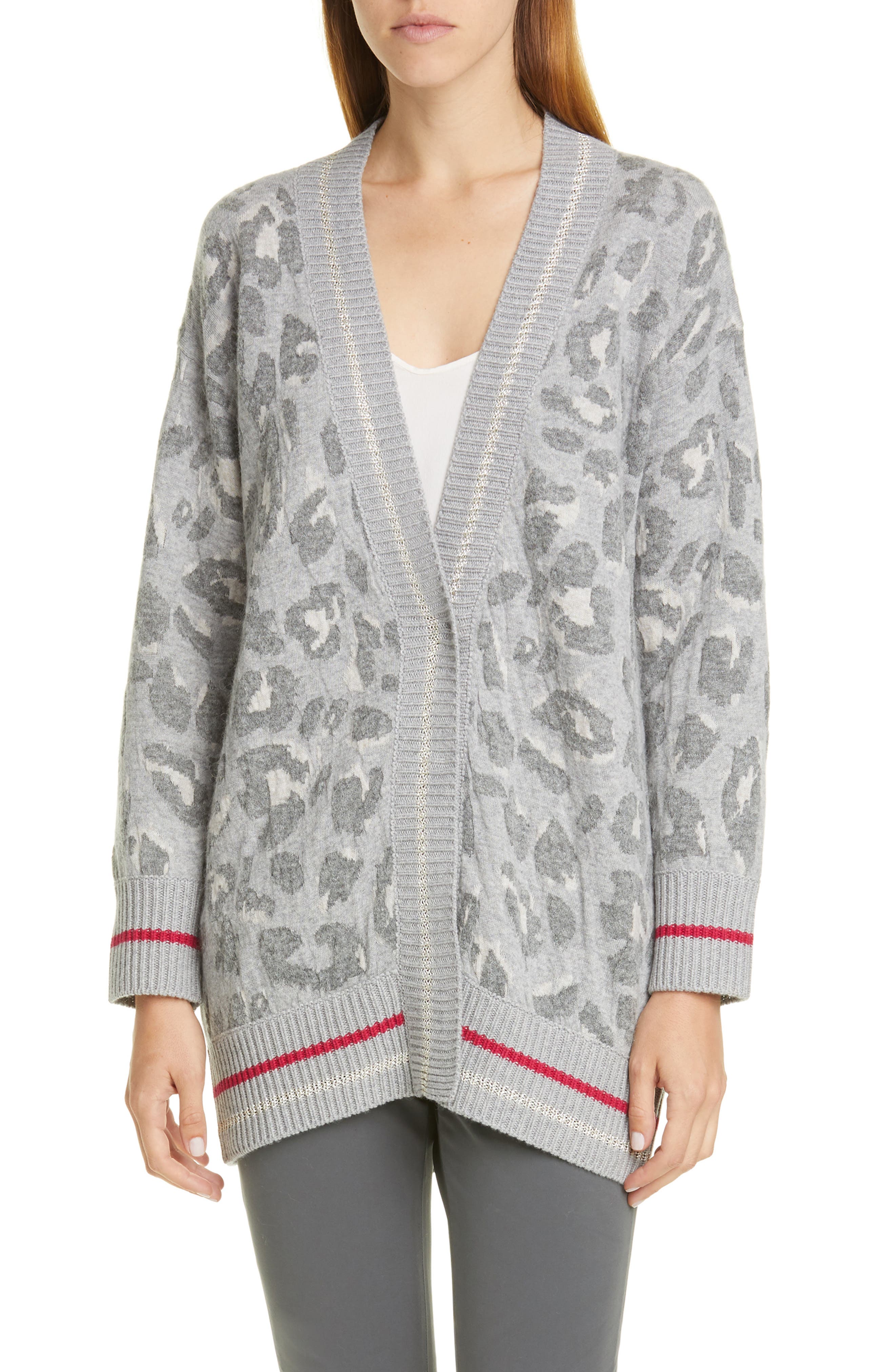 leopard cardigan with red trim