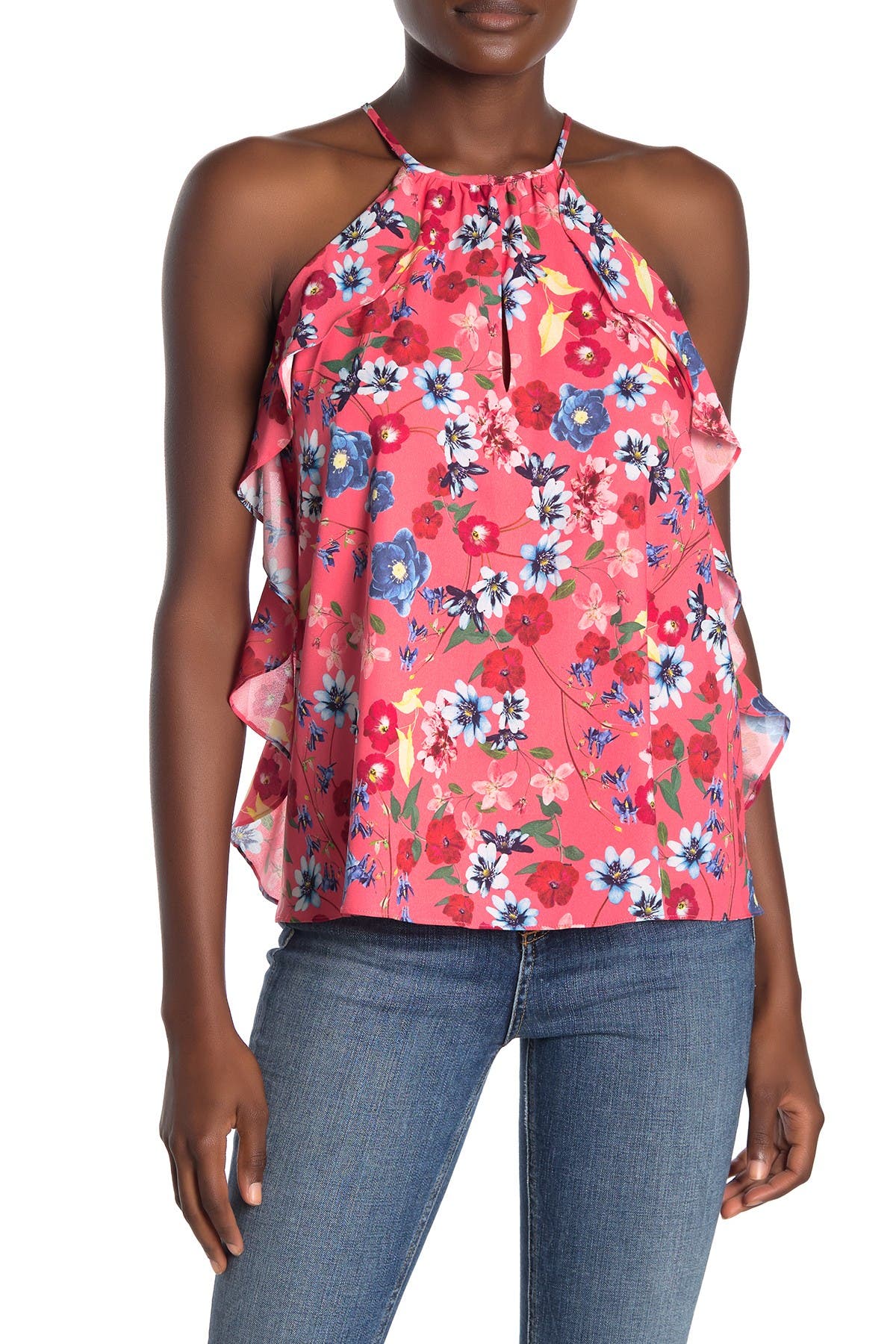 Parker Floral Print Keyhole Ruffle Top In Coral Sevilla
