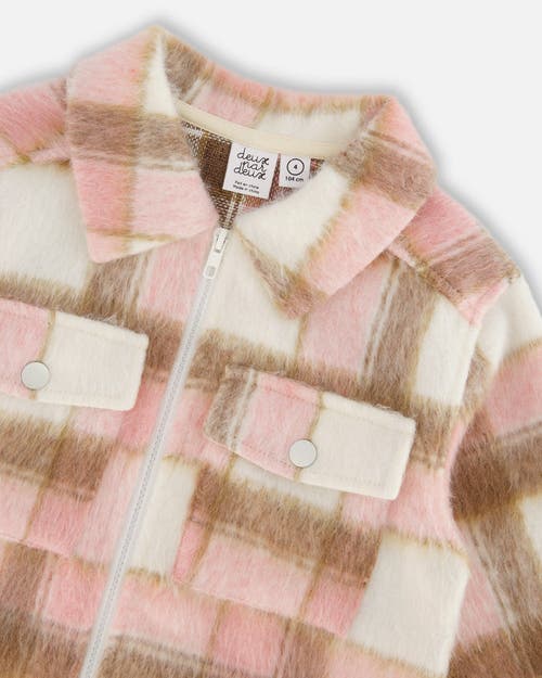 Shop Deux Par Deux Little Girl's Overshirt Wool-effect With Pockets Plaid Pink, Nougat And Off White In Plaid Pink, Brown & Off White