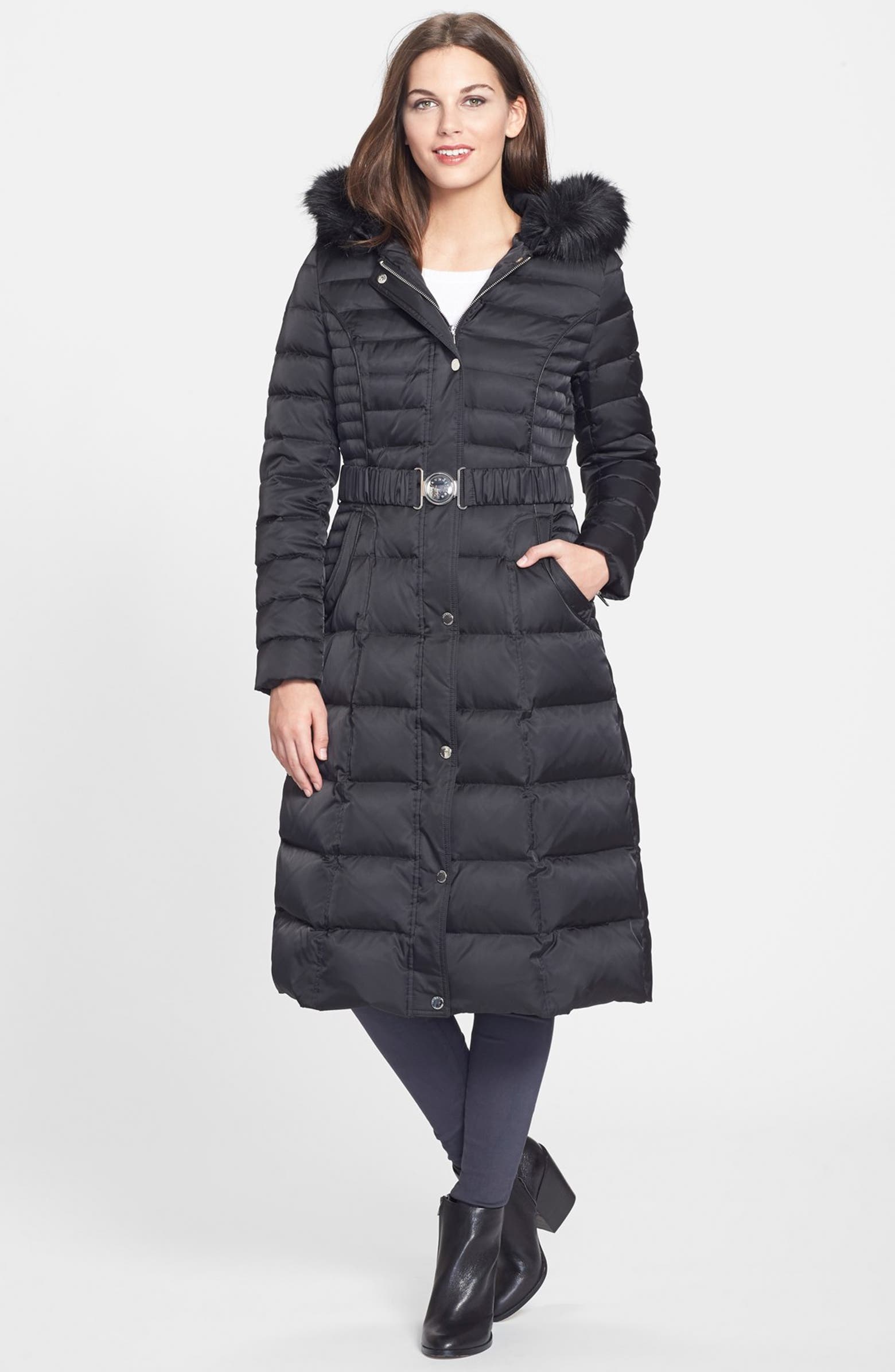 Laundry by Shelli Segal Belted Hooded Long Quilted Coat with Faux Fur ...