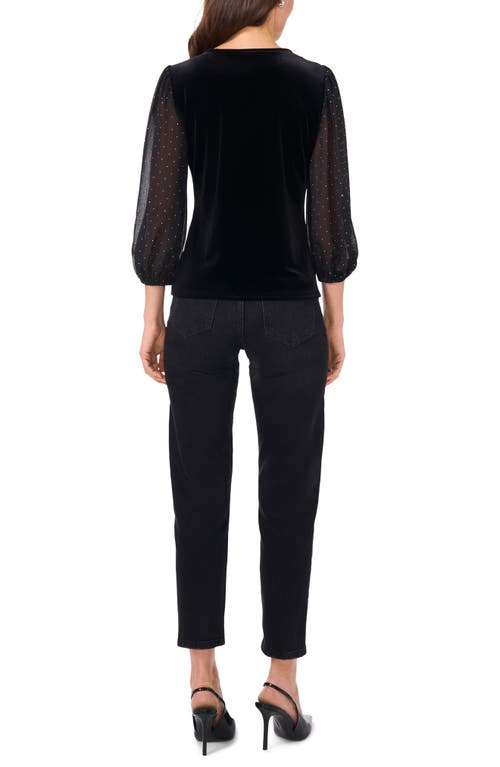 Vince Camuto Crystal Sleeve Detail Mixed Media Top In Rich Black