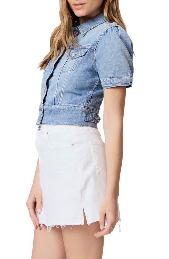 Shop Paige Kendra Short Sleeve Crop Denim Jacket In Lowen