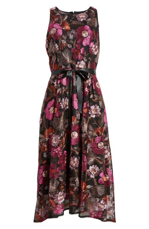 Shop Tahari Asl Floral Embroidered Sleeveless Midi Dress In Black Rose