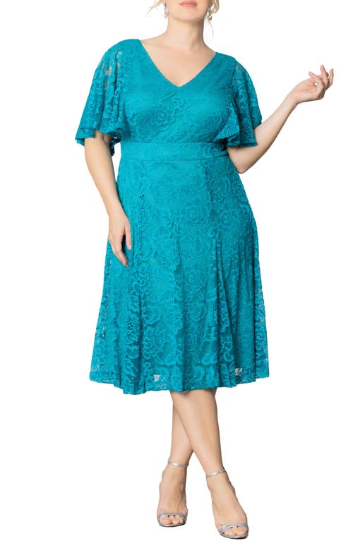Kiyonna Camille Lace Midi Cocktail Dress in Teal Topaz
