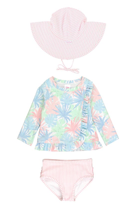 Shop Rufflebutts Pastel Palms Ruffle Long Sleeve Two-piece Rashguard Swimsuit & Hat Set