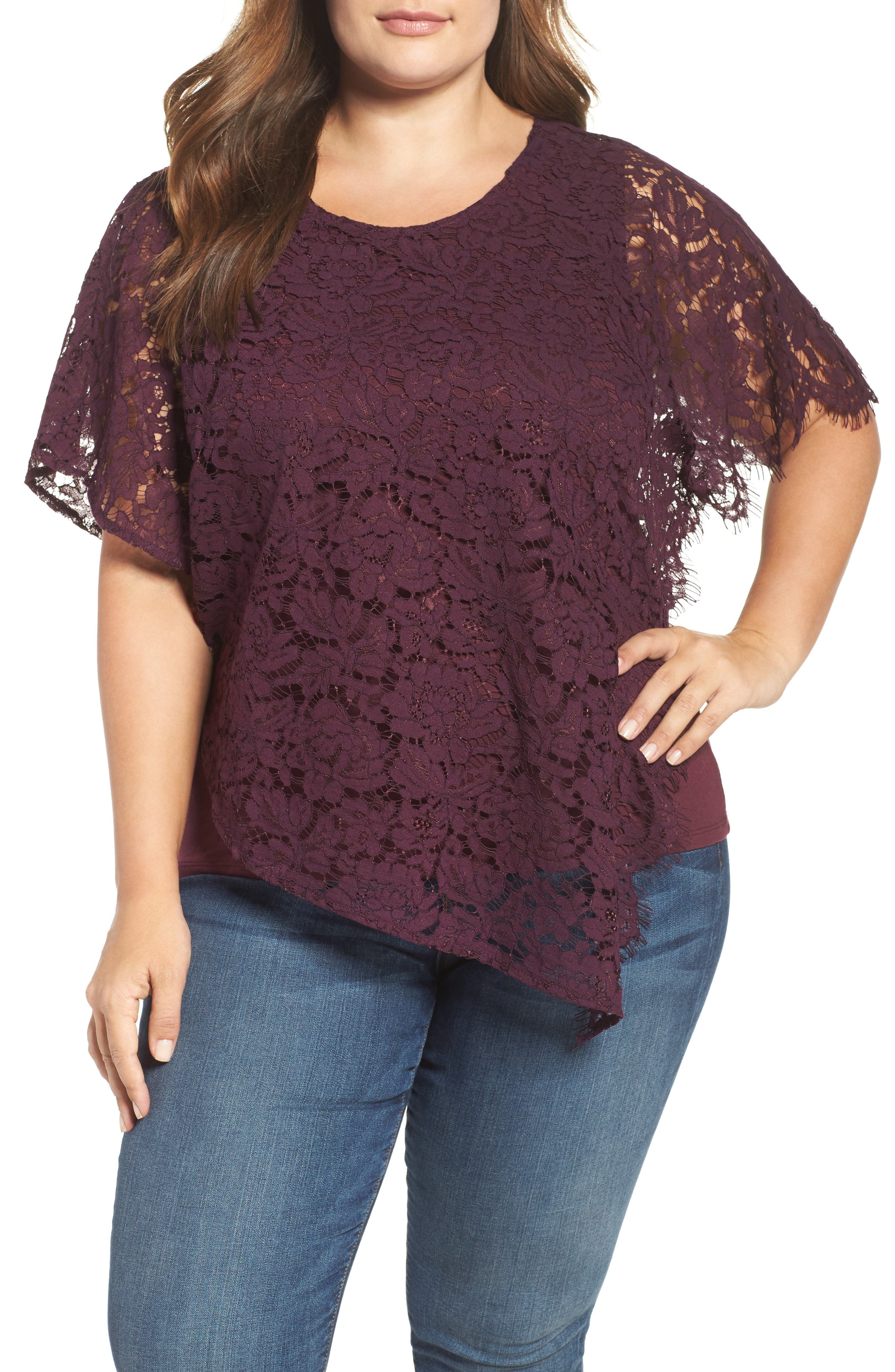 Democracy Flutter Sleeve Asymmetrical Lace Top (Plus Size) Nordstrom