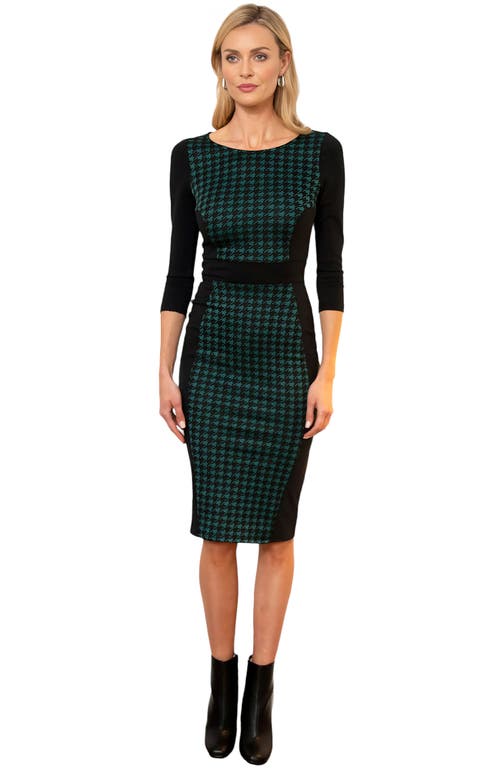 Shop Hotsquash London Bodycon Ponte Dress With 3/4 Sleeves In Green Houndstooth Large