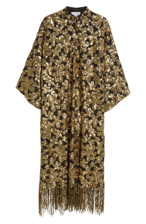 Shop La Vie Style House Sequin Flower Fringe Hem Cover-up Caftan In Black/gold