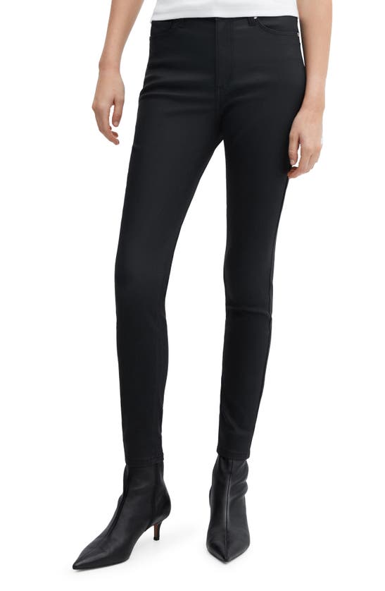 Shop Mango Waxed High Waist Skinny Jeans In Black