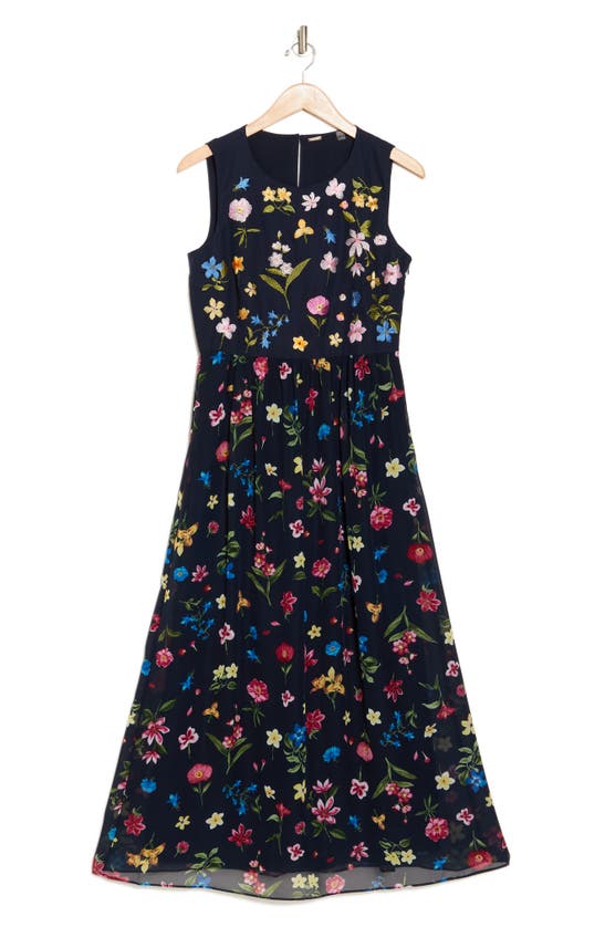 T Tahari Floral Embroidered Maxi Dress In Spring Bloom Navy