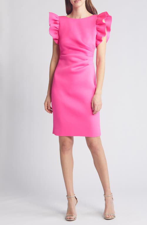 Ruffle Sleeve Satin Cocktail Sheath Dress in Hot Pink
