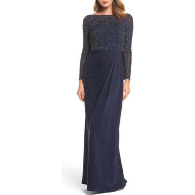 La Femme Bead Embellished Gown, Blue