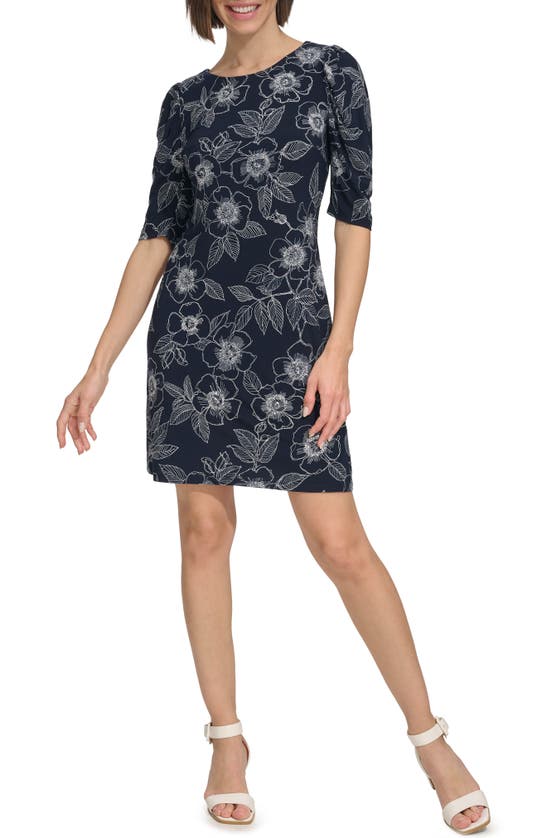 Shop Tommy Hilfiger Camilla Floral Ruched Sleeve Jersey Shift Dress In Sky Captain/ Ivory