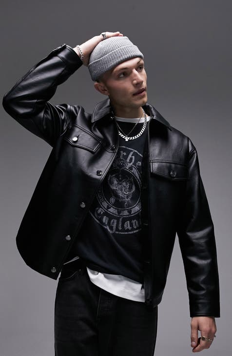 TOPMAN Faux Leather Puffer Jacket in Black for Men