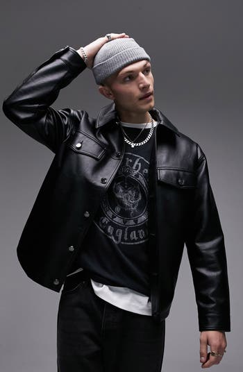 Topman faux leather puffer jacket in black