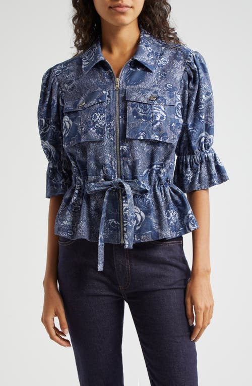 Shop Cinq À Sept Adie Floral Print Short Sleeve Jacket In Indigo Multi