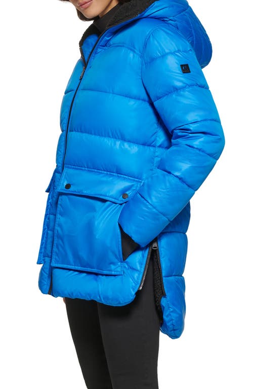 Shop Kenneth Cole New York Faux Shearling Lined Hood Channel Quilted Puffer Parka Jacket In Aqua