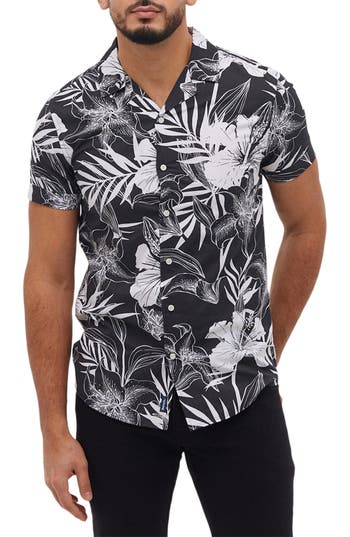 Shop Bench . Dexus Tropical Cotton Short Sleeve Button-up Shirt In Black