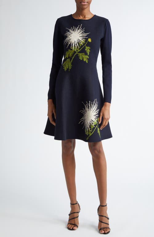 Shop Oscar De La Renta Chrysanthemum Jacquard Fit & Flare Minidress In White/navy