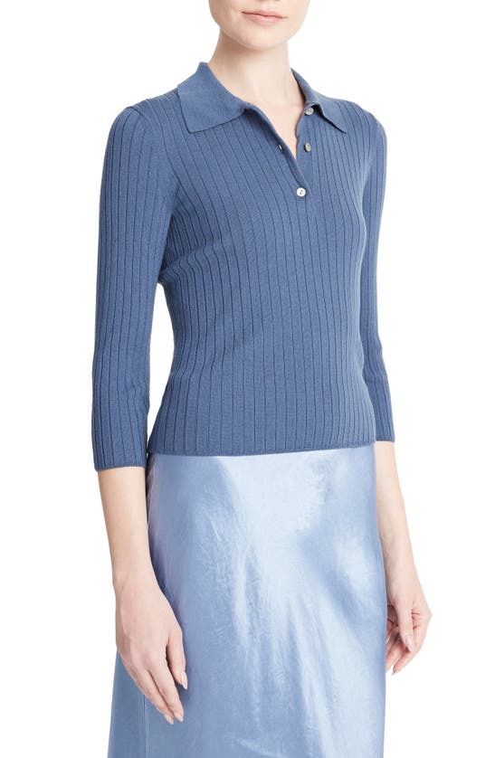 Shop Vince Rib Wool Blend Polo Sweater In Riverbed