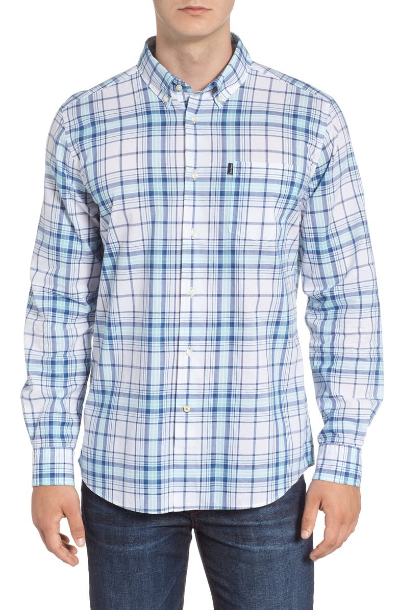 BARBOUR Christopher Tailored Fit Plaid Sport Shirt, Main, color, AQUA