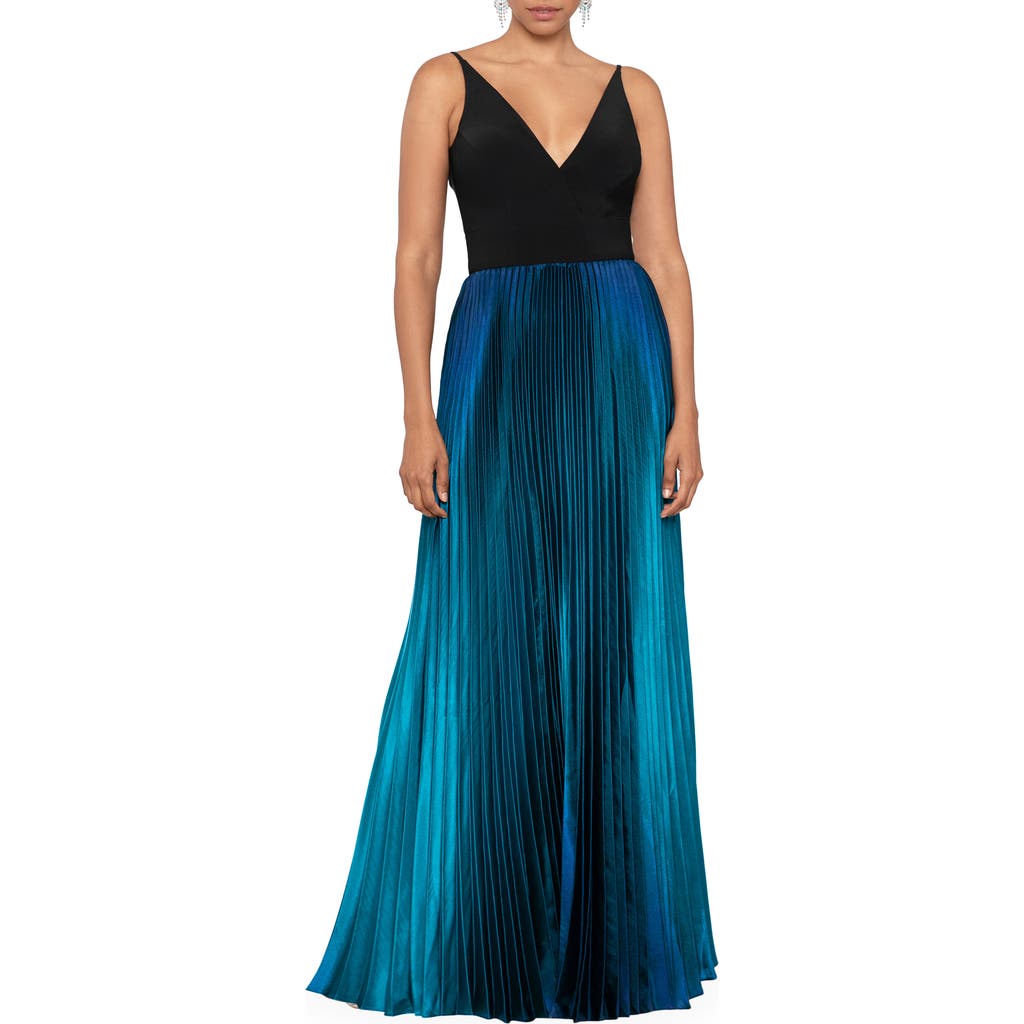 Betsy & Adam Ombré Pleated Gown In Black/teal