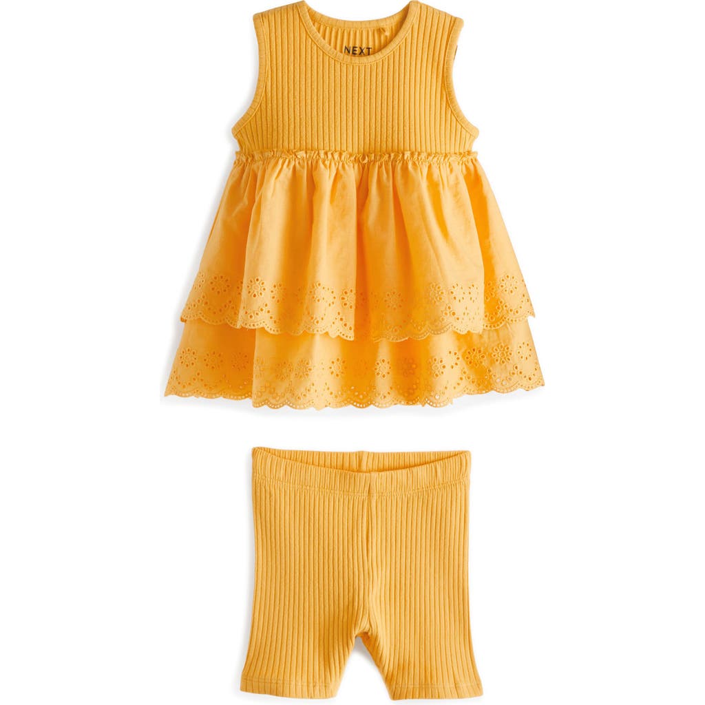 Next Kids' Eyelet Accent Sleeveless Cotton Top & Bike Shorts Set In Yellow